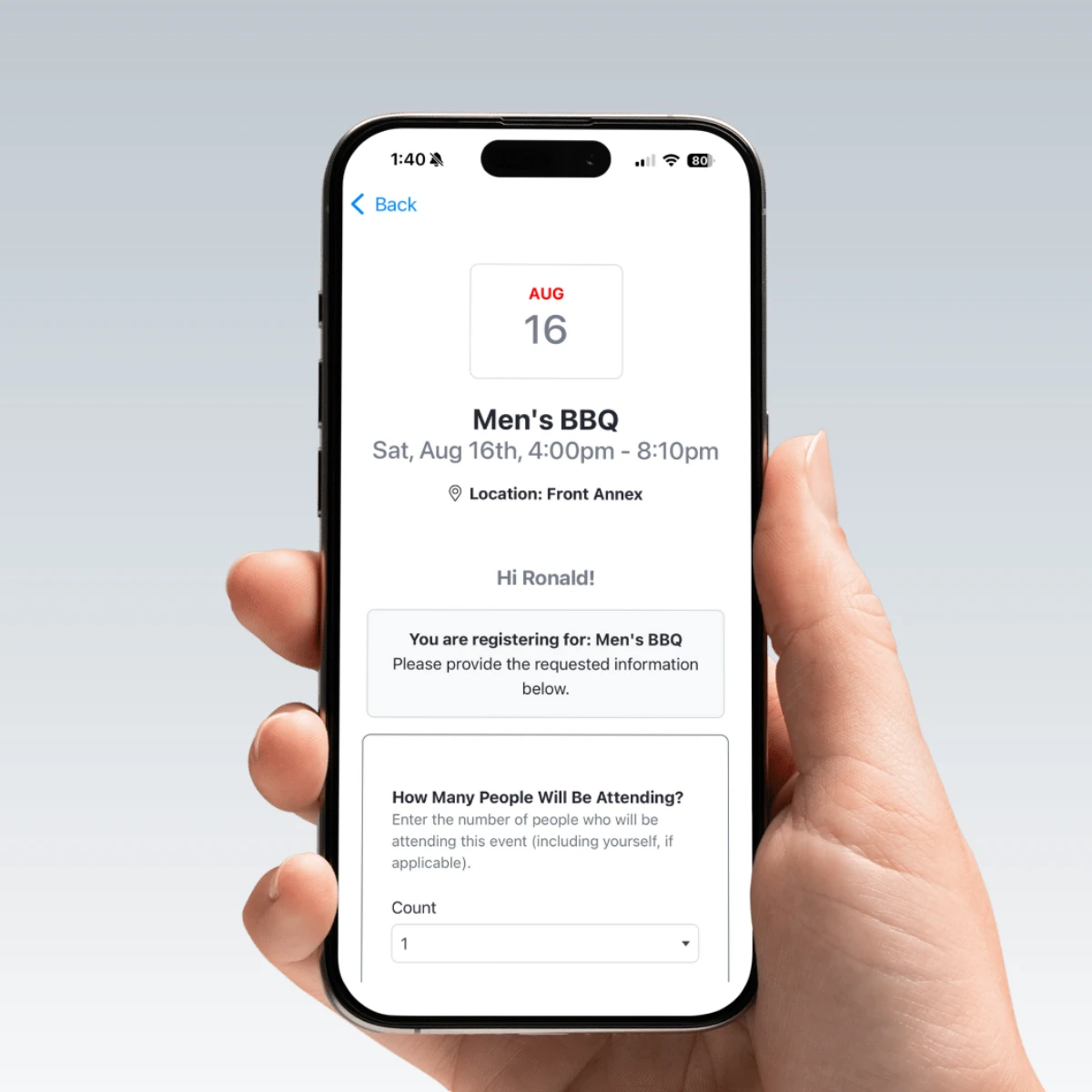 App registration screen